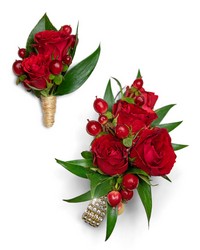 Crimson Corsage and Boutonniere Set from Eagledale Florist in Indianapolis, IN